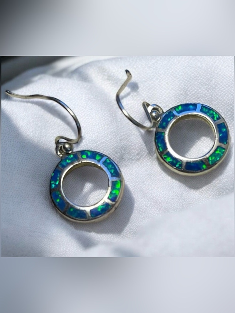 Stunning Blue Opal Inlay 925 Sterling Silver Circle Drop Earrings